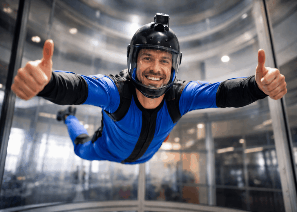 homme-souriant-avec-les-pouces-en-l-air-qui-fait-un-simulateur-de-chute-libre-en-soufflerie
