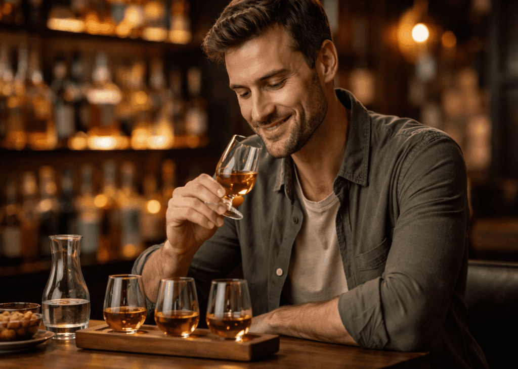 homme-souriant-qui-fait-une-degustation-de-whisky