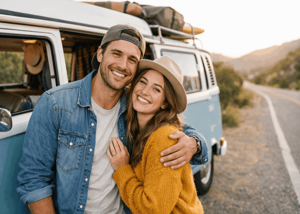 jeune-couple-en-road-trip-qui-pose-devant-un-van-sur-une-route