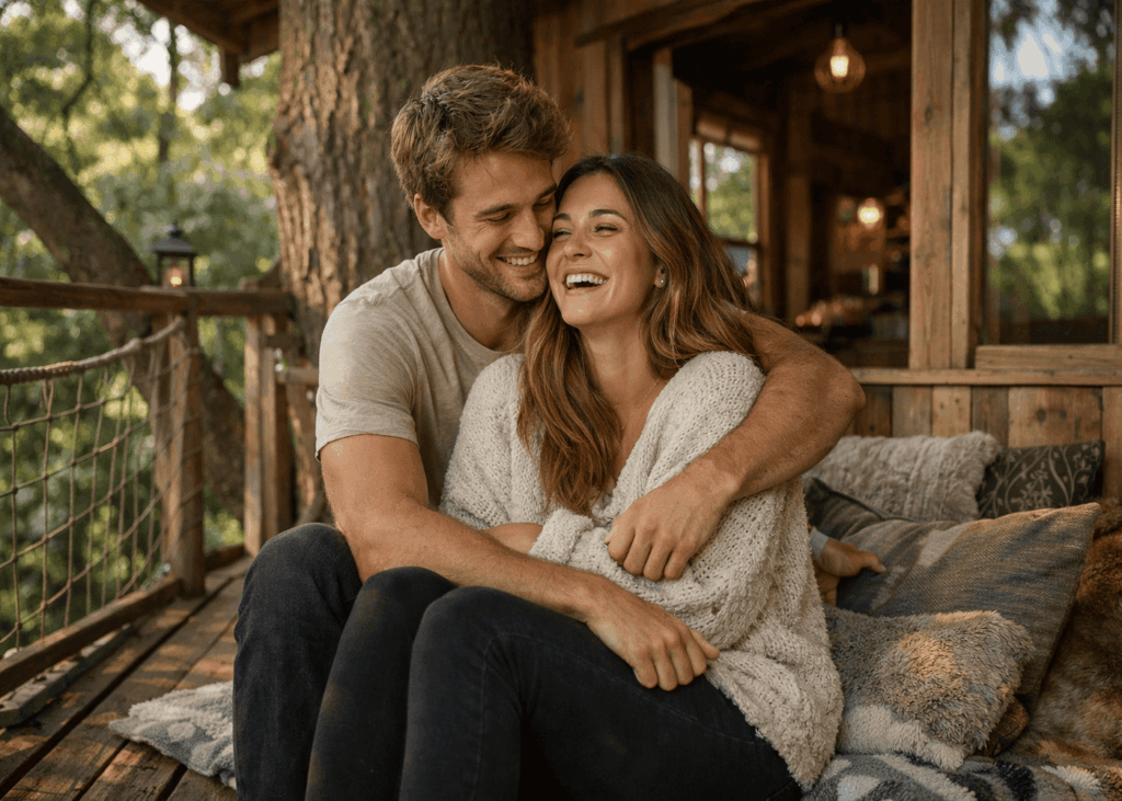 jeune-couple-heureux-assis-sur-une-terrasse-dans-une-cabane-dans-les-arbres