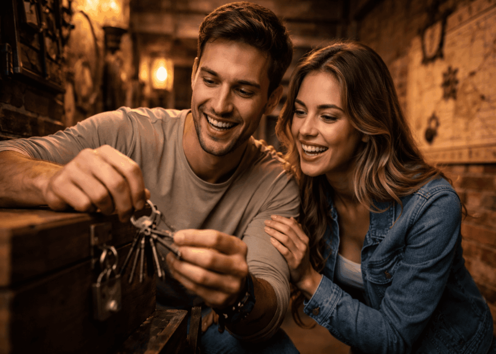 jeune-couple-souriant-en-train-de-resoudre-une-enigme-lors-d-un-escape-game