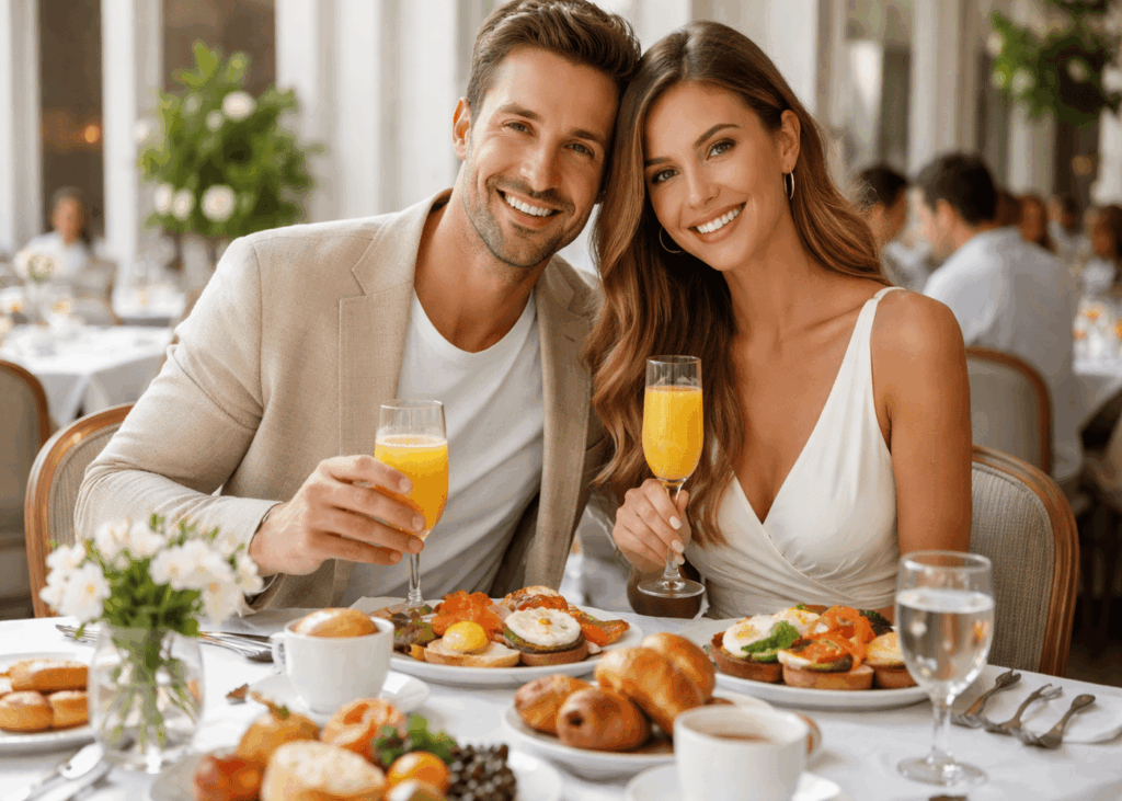jeune-couple-souriant-qui-brunche-dans-un-endroit-chic
