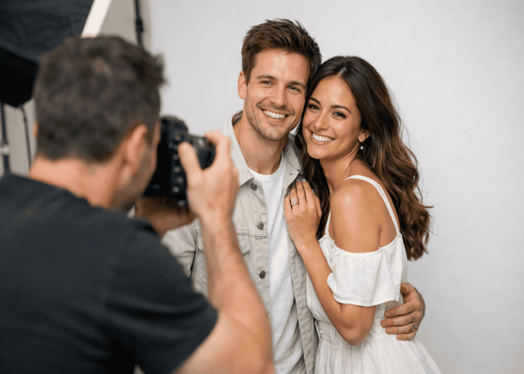jeune-couple-souriant-qui-font-un-shooting-photo-en-couple-devant-un-photographe-professionel