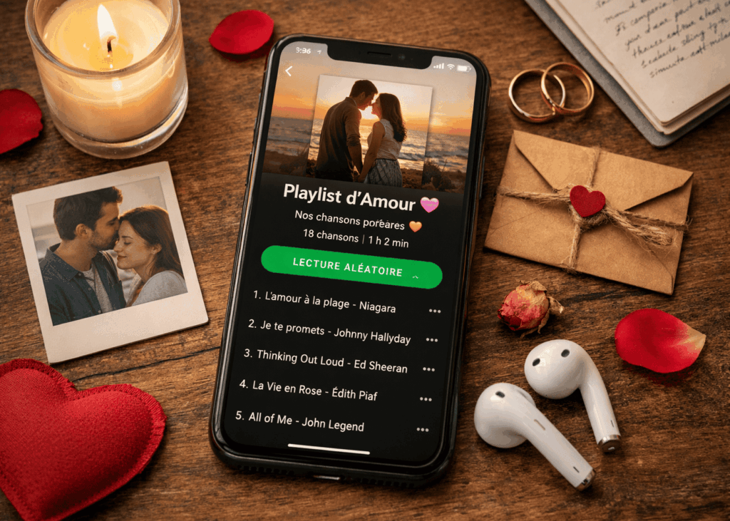 telephone-pose-sur-une-table-montrant-une-playlist-de-couple-entoure-de-polaroid-petales-lettres-airpods-et-alliances