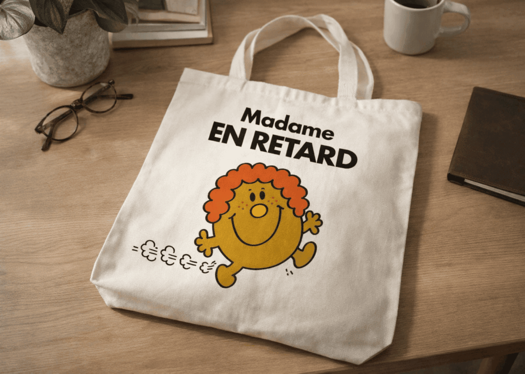 tote-bag-blanc-personnalise-avec-mademoiselle-en-retard-dessus-pose-sur-une-table