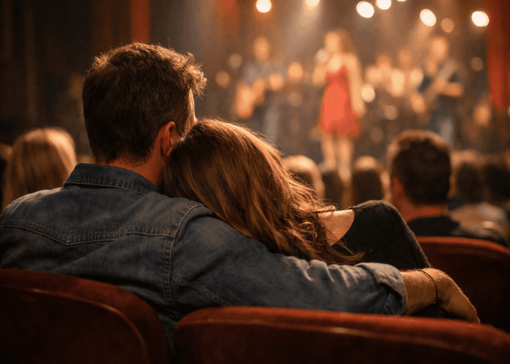 vue-de-dos-d-un-couple-qui-s-enlace-assis-sur-des-sieges-rouges-face-a-un-spectacle