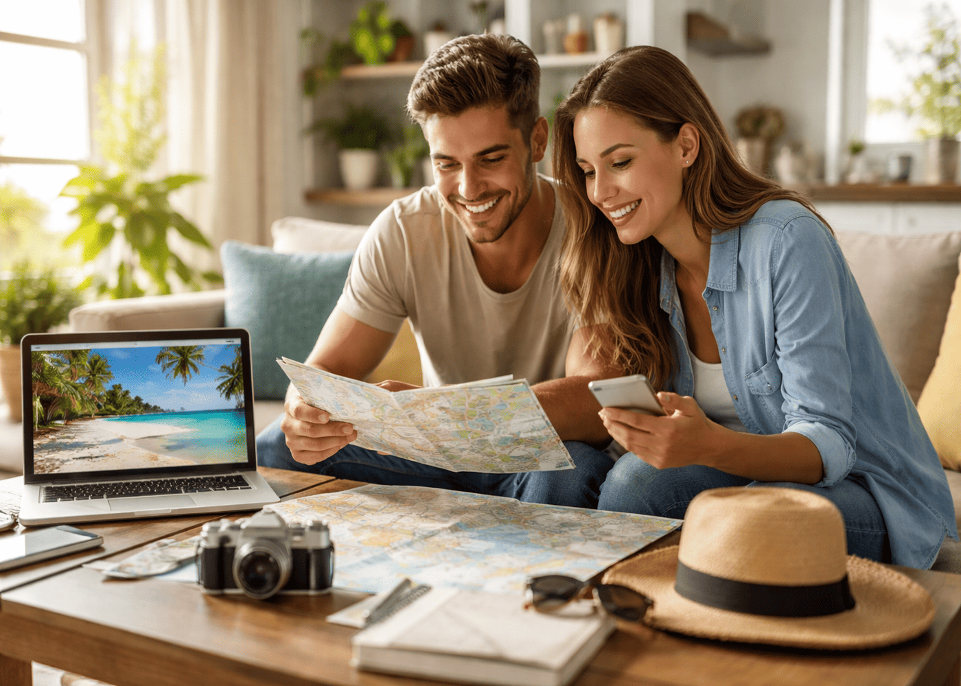 couple-qui-cherche-une-destination-de-vacances-assis-sur-leur-canape-dans-leur-salon