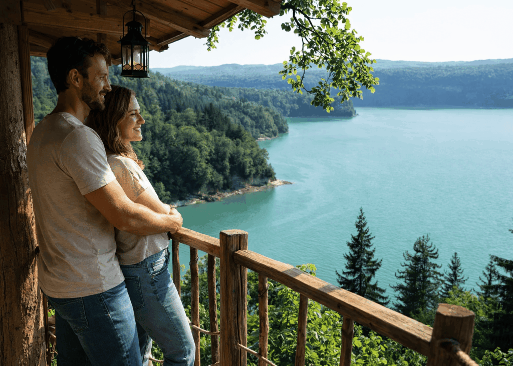 couple-qui-s-enlace-sur-la-terrasse-d-une-cabane-dans-les-arbres-avec-vue-sur-un-lac-du-jura