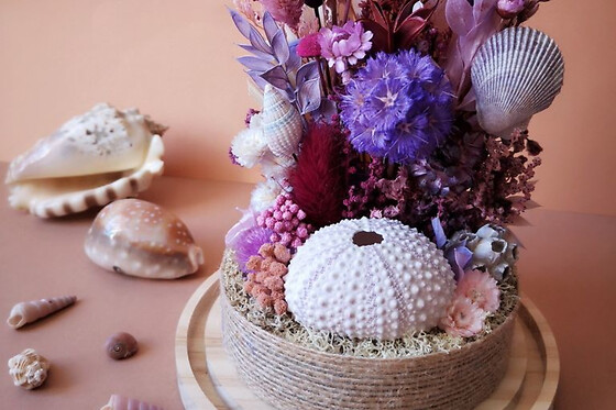 Atelier composition floral & coquillages sous cloche à Pornichet